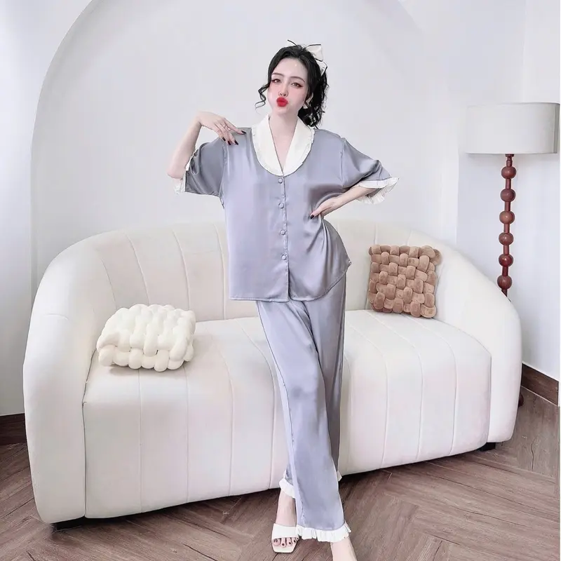 Set Bộ Pjzama cổ sen  FREESIZE 65kg Lụa Latin Áo Cổ Sen Bèo Quần Dài Bèo Óng Suông (Freesize 40-65kg) 3