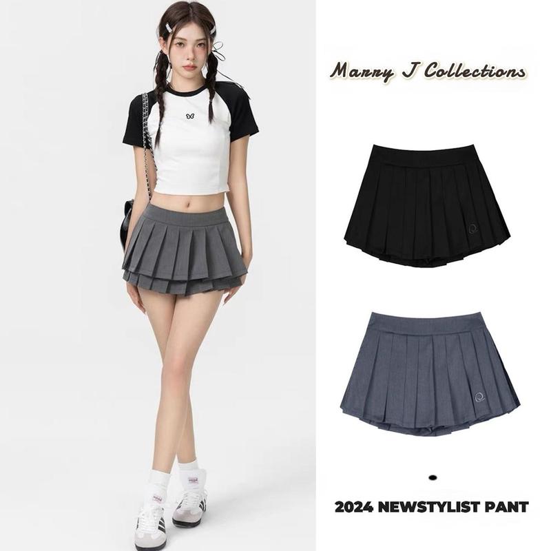 Chân Váy Xếp Ly Thêu Chữ Q 2 Tầng 3 Lớp Cạp Khóa QC1 Nữ Khuy 2 Màu Đen Ghi Women Màu Đen