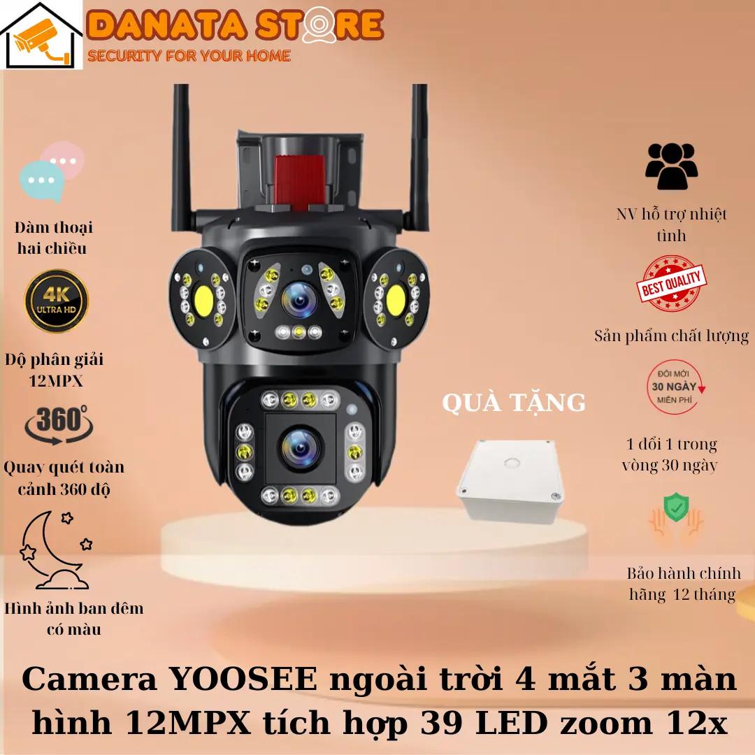 Camera WIFI YOOSEE ngoài trời 4 mắt 3 màn hình 12MPX tích hợp 39 LED zoom 12x