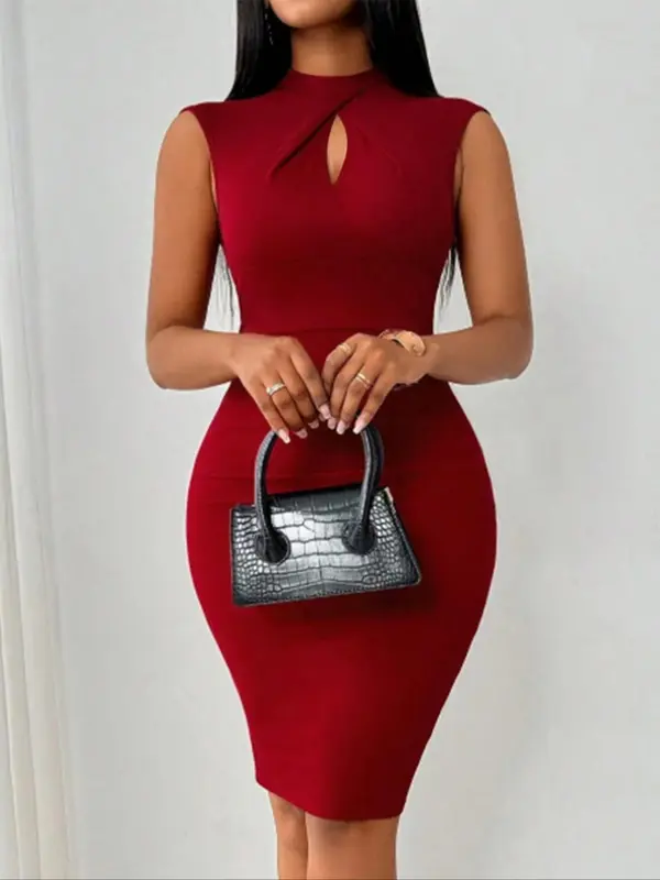 Women's Plain Keyhole Neck Bodycon Dress, Elegant Sleeveless Knee Length Dress for Party Dating Wear, Ladies Summer Clothes 4