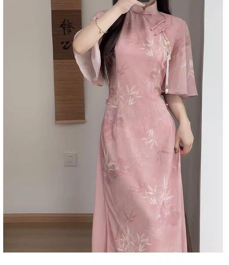 Product Introduction of Áo Dài, Sườn Xám Ao Dai Hồng, Thiết Kế Trung Quốc Mới, Cải Tiến Mới, Thích Hợp Cho Các Cô Gái Trẻ Và Dáng Ôm, Mặc Mùa Hè, Thích Hợp Cho Các Hoạt Động Hàng Ngày, Quần Áo Trà 7