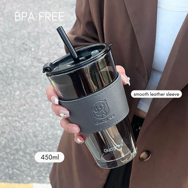 Tumbler Gelas Kaca Botol Minum Aesthetic Mug Kopi Cup Glass Dengan Case dan Sedotan 0