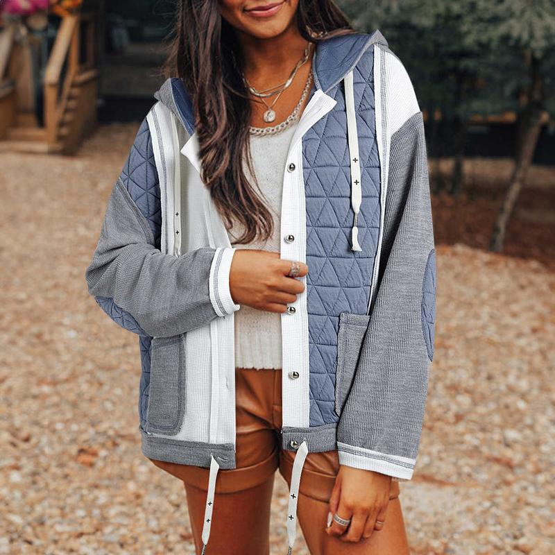 Hooded Loose Fitting Patchwork Outerwear Hooded Loose Fitting Patchwork Outerwear
