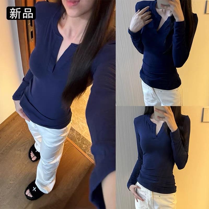 Áo thun nữ dài tay cổ tàu  A097 form ôm body tạo thắt eo dễ mặc dễ mix đồ Top Women shirt Voi Cổ Tròn Đen sơ mi
