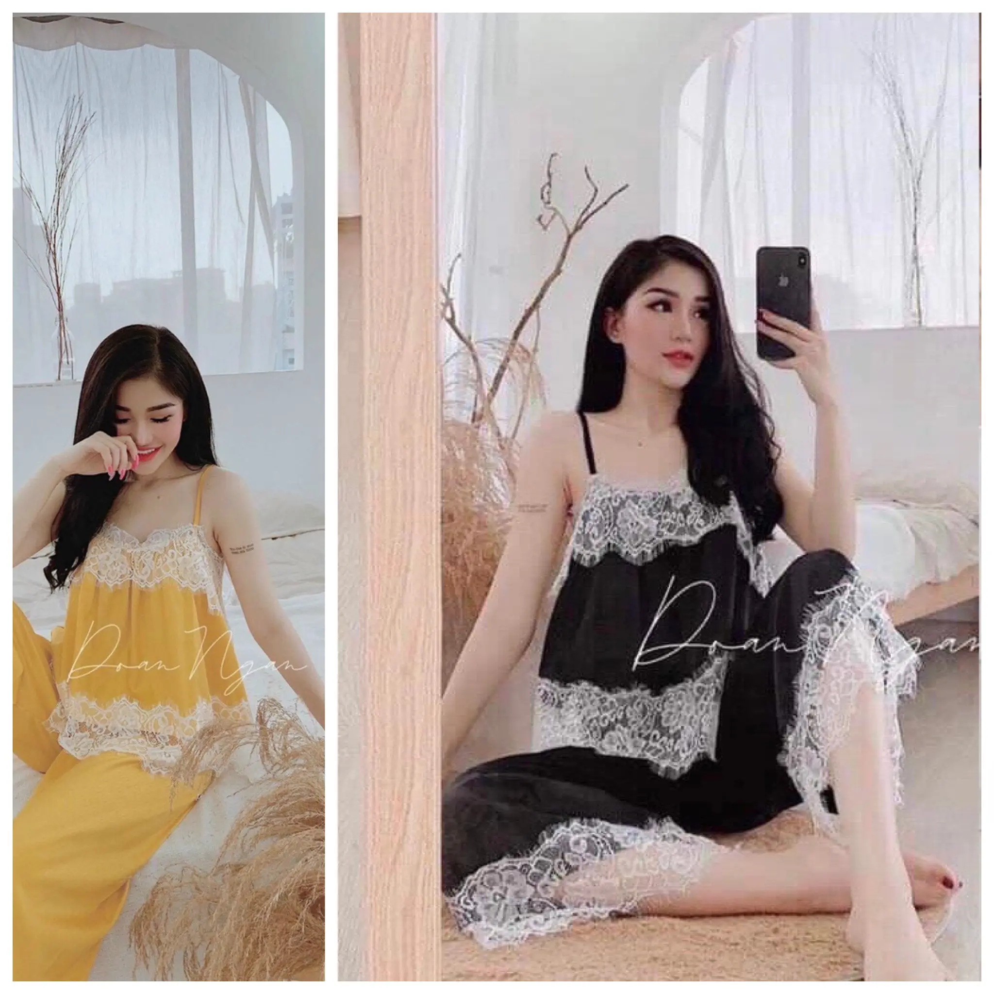 đồ bộ ngủ 2 dây lụa satin mềm chuẩn xinh Nữ Áo Women Ren
