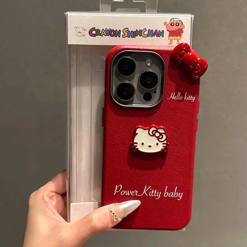 Ốp Điện Thoại HelloKitty, Da Đỏ Cổ Điển Màu Đỏ Ba Chiều, Dành Cho iPhone 16, 15, 14, 13, 12, 11, Pro Max, X, Xr, Xs Max, Chống Sốc, Ốp ốp Mềm Sáng Tạo 5