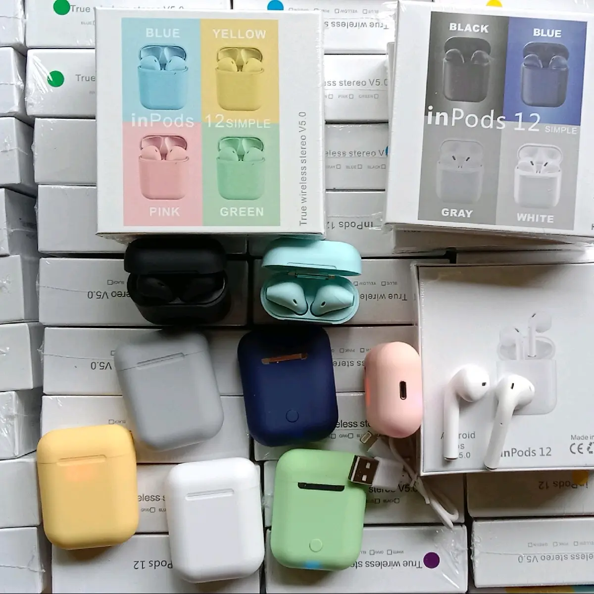 Headset Bluetooth Wireless Earphone untuk semua jenis Hp android dan Iphone Inpods i12 i12s dan i17s Asli Macaroon TWS Headset Bagus In Ear Isolasi Derau Pengendali Jarak Jauh Nirkabel Mikrofon Bawaan Noise Isolating Multicoloured