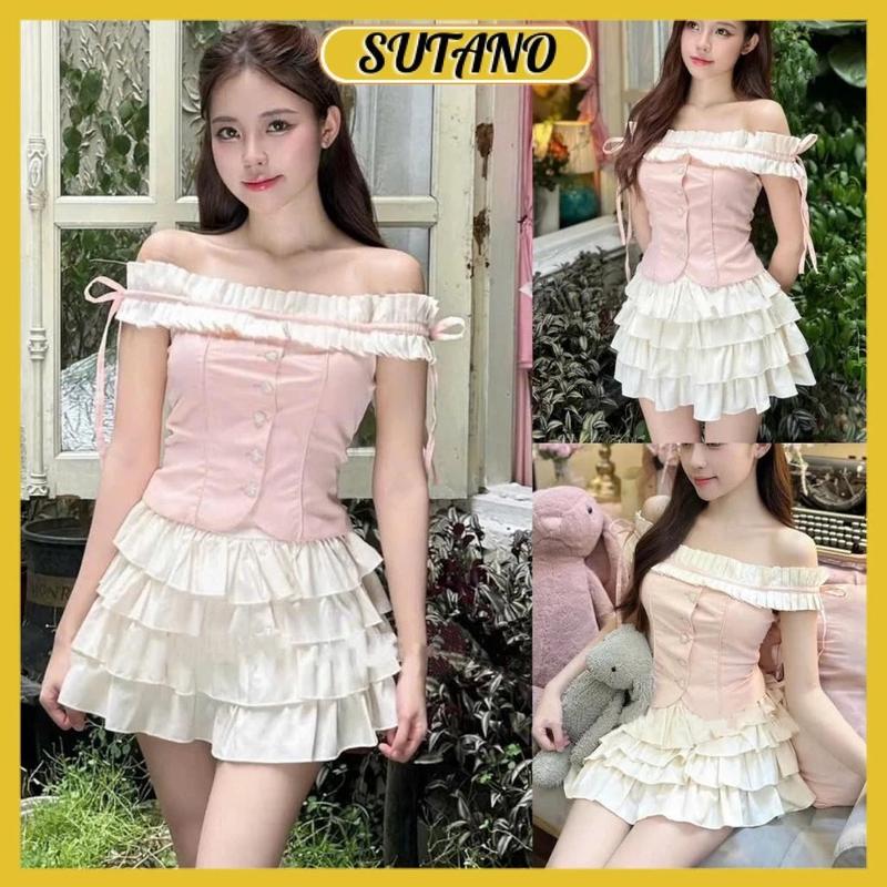 Set Áo trễ vai hồng phối bèo mix chân váy 4 tầng xòe bồng tiểu thư bánh bèo B158 SUTANO