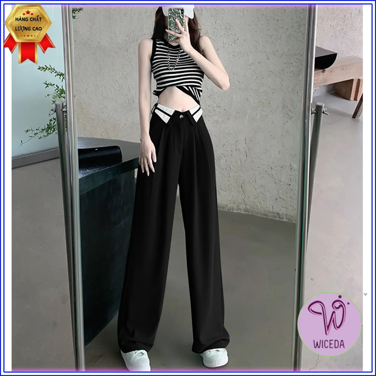 Quần ống rộng nữ cạp trắng ,quần suông đen tôn dáng phong cách trẻ trung mặc đi học đi làm  QSTM785