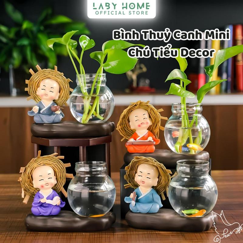 Bình Thuỷ Canh Mini Để Bàn Decor Thanh Tịnh, Tượng Chú Tiểu Để Bàn Kèm Bình Nước Thuỷ Sinh Trang Trí Bàn Làm Việc Decor Phòng Trang Trí Nhà Đồng Thủy Tinh