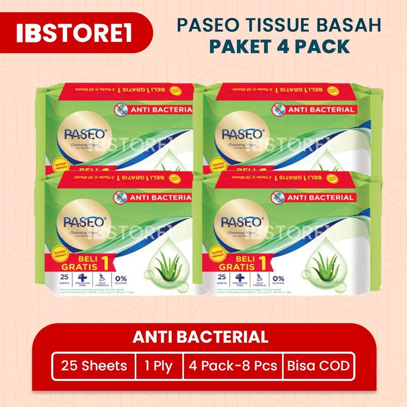 (4 Bundle isi 8 Pcs) Tissue Basah PASEO Anti Bacterial Wipes 25 Sheets 4 Bundle Tisu Basah Bayi Aroma Aloe Vera 0