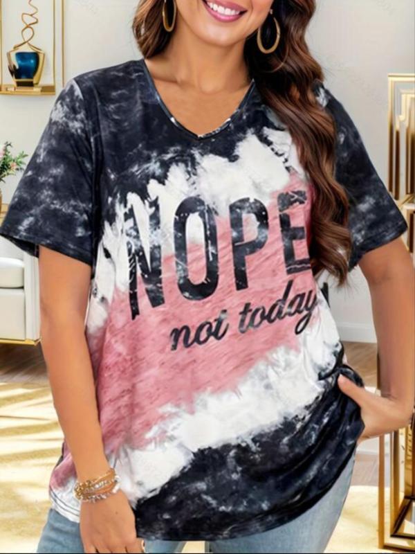 Plus Size Tie Dye & Letter Print V Neck Tee, Casual Short Sleeve T-Shirt for Summer, Women's Plus Clothing for Daily Wear 6