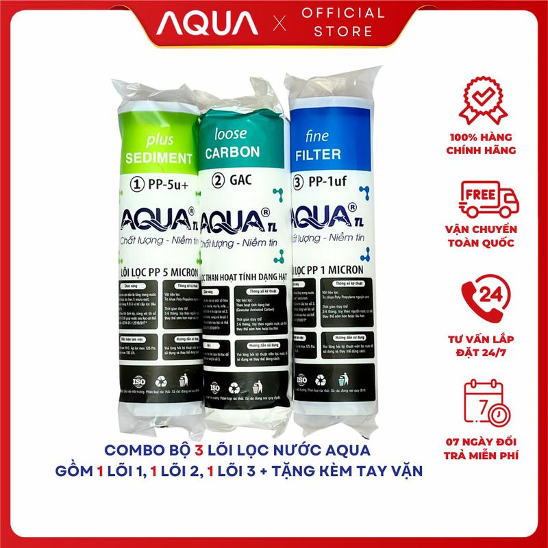 Bộ 3 Lõi Lọc nước 1 2 3 AQUA | Dùng được cho mọi loại máy lọc nước gia đình, máy lọc nước RO cốc lọc 10 inch