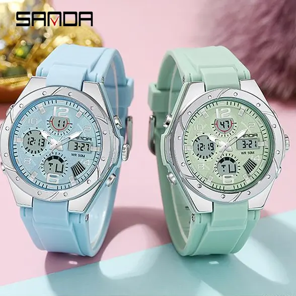 Đồng Hồ Thể Thao Kỹ Thuật Số LED, SANDA 6062, Đồng Hồ Đeo Tay Vàng Thời Trang, Phong Cách Thường Ngày Dành Cho Phụ Nữ Và Trẻ Em Gái, Phong Cách Quân Đội, Không Thấm Nước, Đồng Hồ Đeo Tay Thạch Anh, Sang Trọng 1