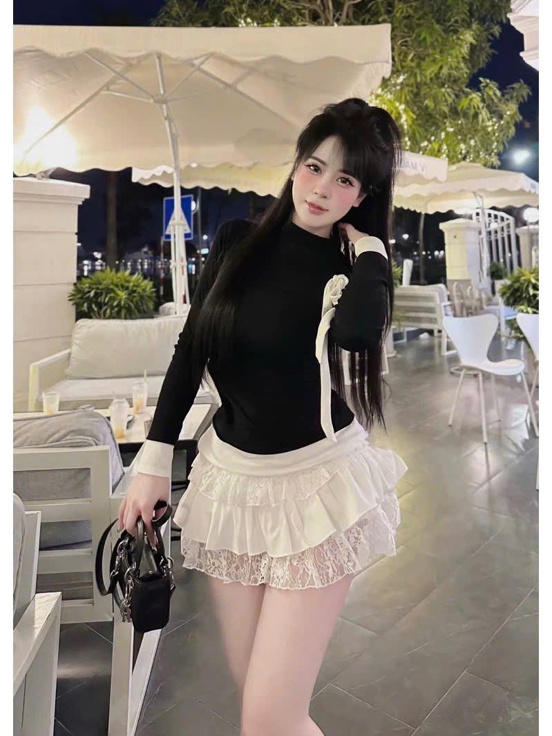 Product Introduction of Set Áo Dài Tay Cổ 2p Phối Nơ Mix Chân Váy Ren Tầng Tiểu Thư Ms22 11