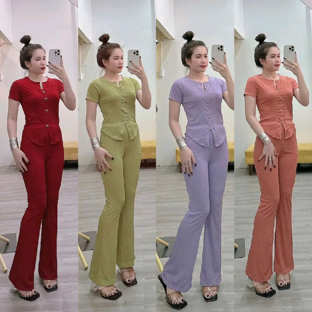 P15 ÁO TN 4 NƠ RỜI XẺ TÀ TRƯỚC QUẦN LOE CÓ TÚI ĐỒ BỘ NỮ CHẤT VẢI GÂN TÂM LẠNH DƯỚI  65KG ĐỖ LẠI VỪA WOMEN TOP