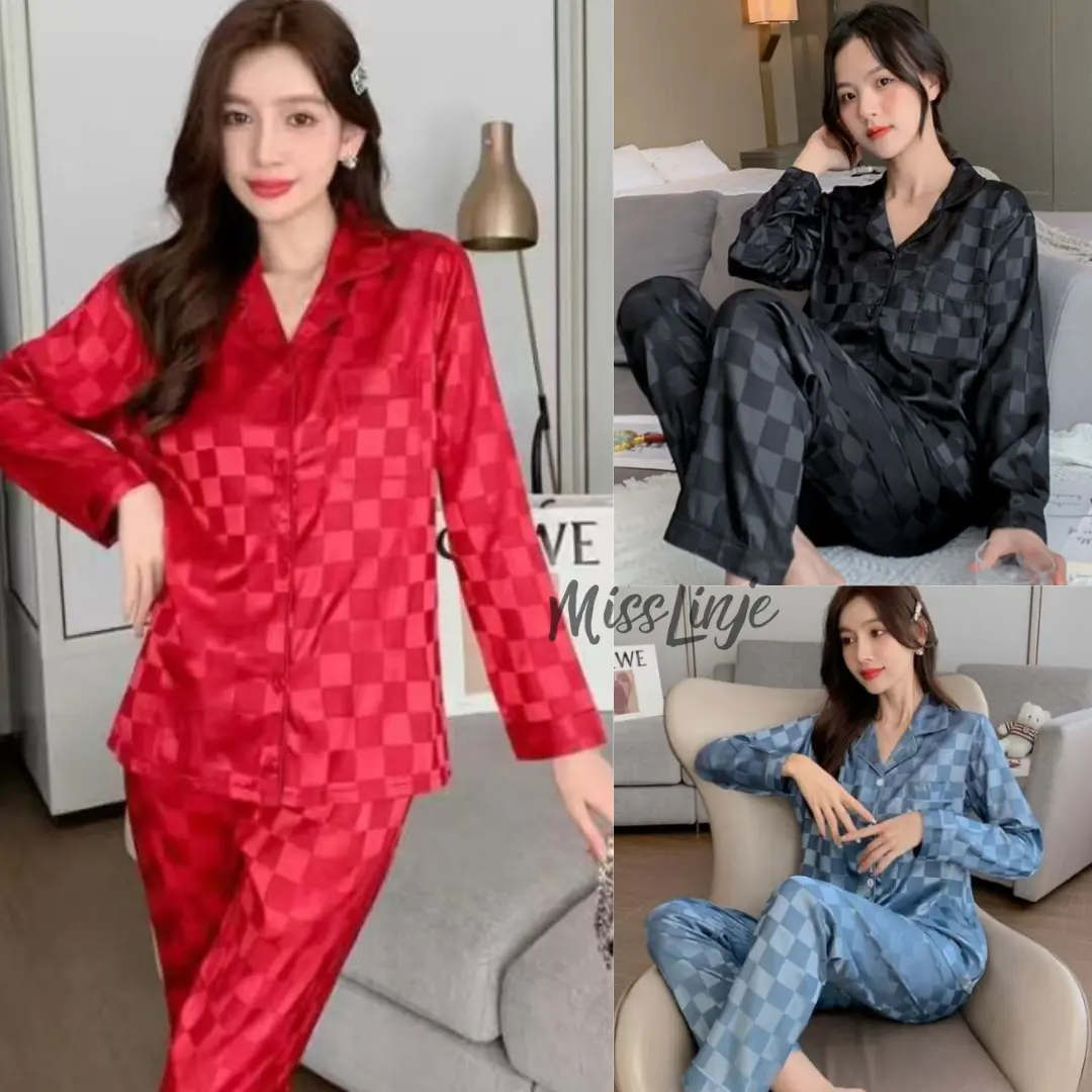 Baju Tidur Piyama Satin Kotak Setelan Lengan Panjang Celana Panjang Wanita Busui Full Kancing Import