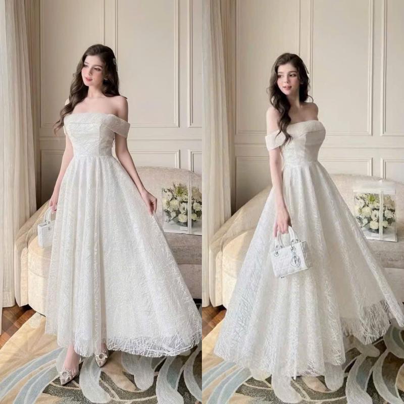 Đầm Xòe Tiểu Thư Bẹt Vai Ren Phối Phi Lót Có Mút Ngực From Dài Quyến Rũ Sang Chảnh Nữ Tính Dịu Dàng Thanh Lịch Sang Trọng Dễ Thương Women Dress Voan Màu Trắng Voi Đỏ