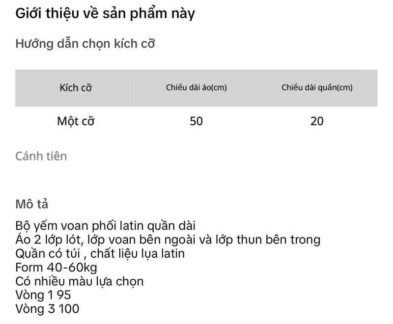 Product Introduction of YẾM TƠ ÁNH- QUẦN LATIN Size <65 kg ( 95-80-100) Chất: Áo tơ ánh có lót- quần lụa latin 0