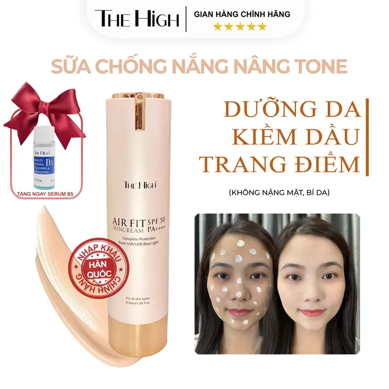 Kem Chống Nắng Trang Điểm Hỗ Trợ Dưỡng Trắng, giữ tone 16h THE HIGH Hàn Quốc , Spf 50 PA++++,dung tích 50ml, kem chống nắng The High hỗ trợ kiềm dầu hạn chế bắt nắng, airfit sun cream