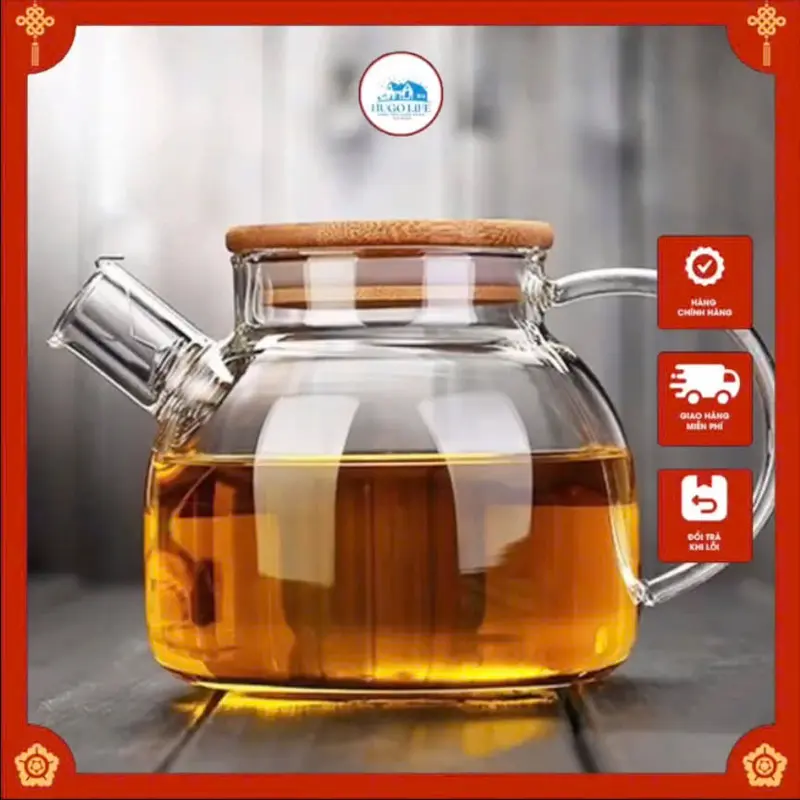 Ấm trà thủy tinh chịu nhiệt dày dặn Deli nắp gỗ 1L GPH 20 - ẤM TRÀ SANG TRỌNG ĐẸP MẮT 0