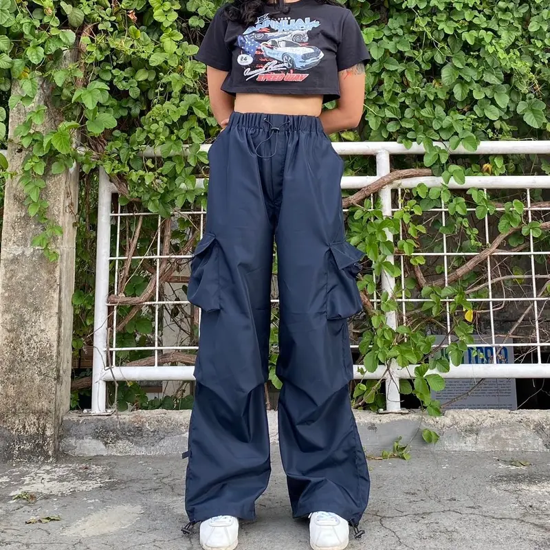 AIGO - celana cargo parasut panjang streetwear unisex Santai Karet Serut Wanita Kulot Jogger 8