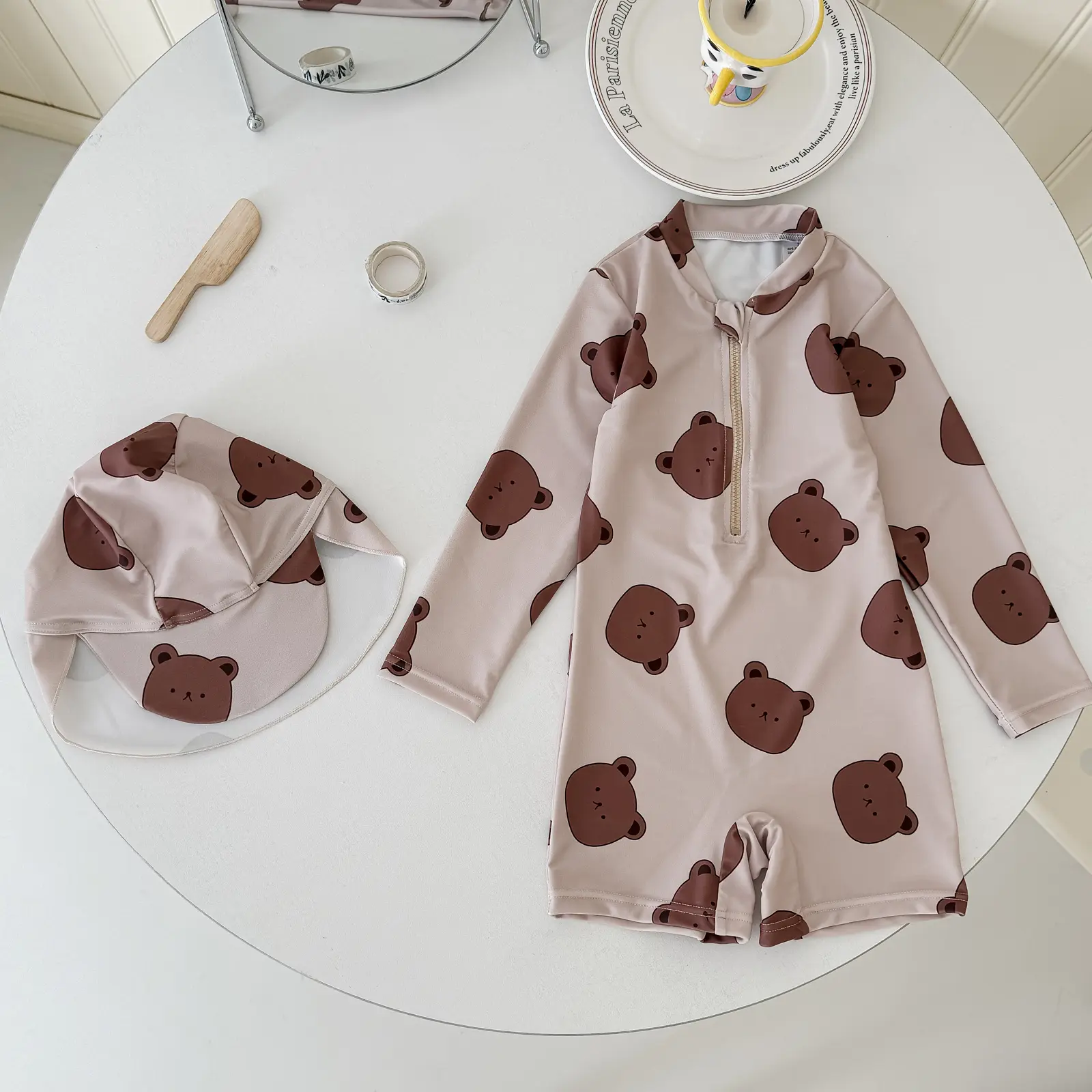 0-2 Years Old Baby Boy Girl Bear Print Cute Long-sleeved swimwear+ Hat Set
