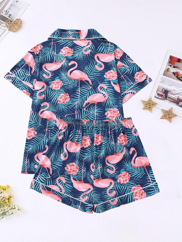 Two-piece Set Women's All Over Flamingo Print Short Sleeve  Pajama Set, Casual Comfy Lapel Neck Button Front Top & Elastic Waist Shorts Pj Set, Ladies Sleepwear for All Seasons 7