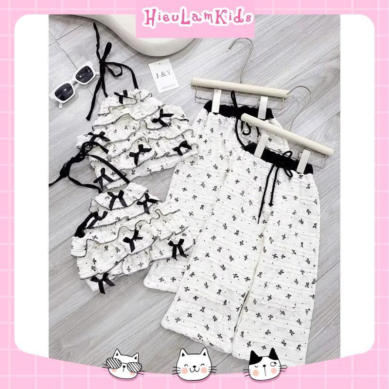 X47 - Bộ quần áo bé gái, Set áo dáng yếm nơ đen kèm quần dài cho bé gái 2