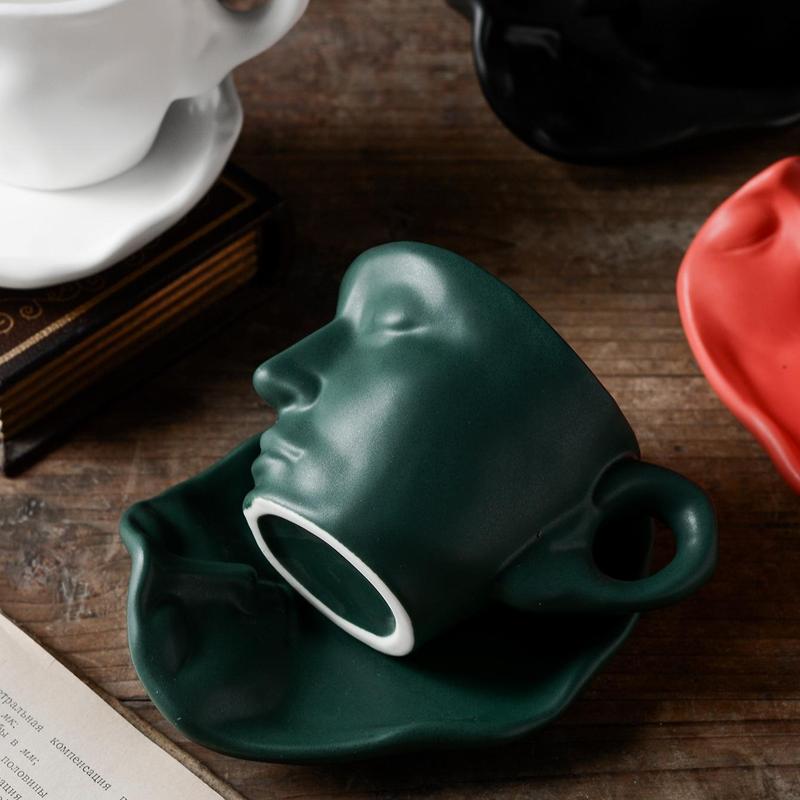 Creative Face Design 250ml Coffee Cup & Saucer Set, 2pcs Ceramics Coffee Mug for Table Novelty Coffee Cup Set for Home Office, Gift Ideas 8