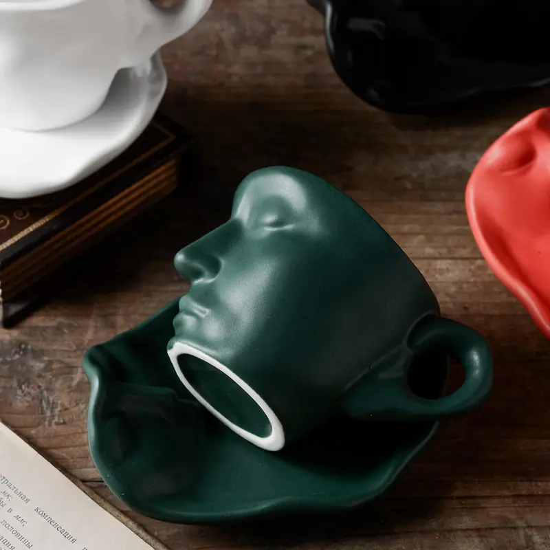 Creative Face Design 250ml Coffee Cup & Saucer Set, 2pcs Ceramics Coffee Mug for Table Novelty Coffee Cup Set for Home Office, Gift Ideas 8