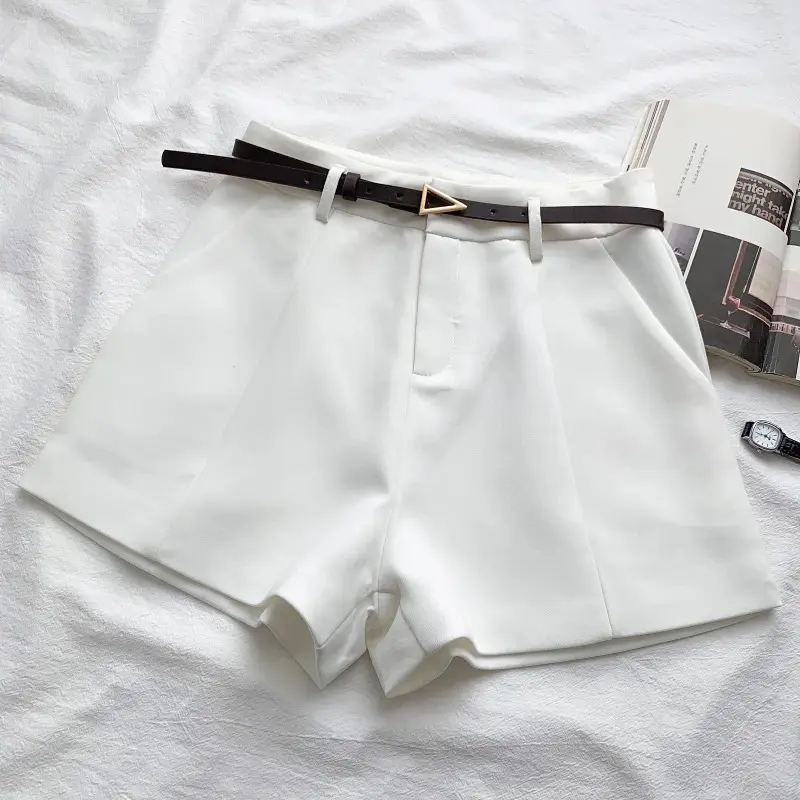 Casual Women's Shorts A-line High Waist Short Chic Office Lady Shorts With Belted Vintage Female Trousers Spring Summer Fabric Fit Womenswear Pants 7