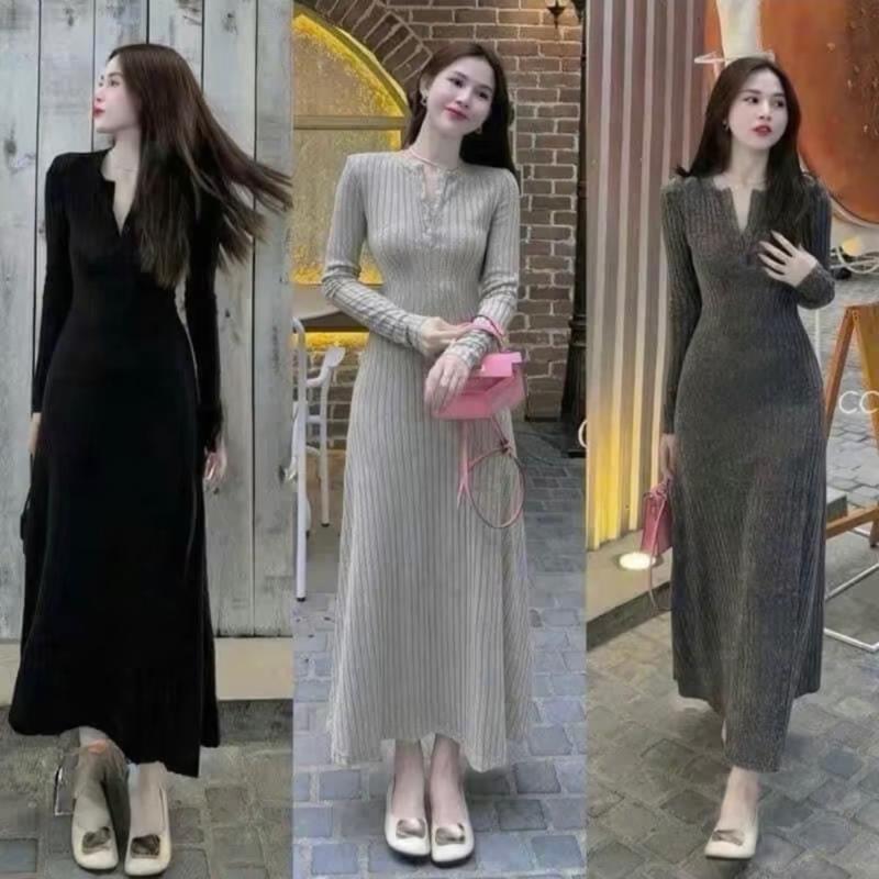  Đầm bầu len tăm cổ cúc body thời trang thu đông 