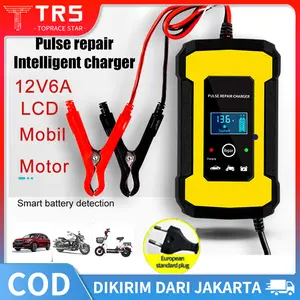 (Dikirim Dari Jakarta)Charger Aki Intelligent Automatic Mobil Motor 12V 6A Mobil Dan Motor Dengan LCD Indikator Smart Intelligent Chip Pulse Repair BY Smart Intelligent Automatic Standar Eropa Pengisi Baterai Asam Timbal Basah Kering