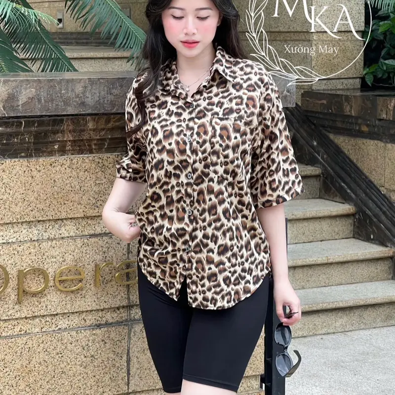 Bộ sơ mi phom rộng quần ngố hàng Freesize 45-70kg Nữ Women Voi Top Shirt Nhung 4