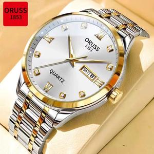 [Gift][with box] oruss original men/women stainless steel dual calendar waterproof luminous luxury watch fashion pointer gold Korean version automatic quartz wrist watch for men