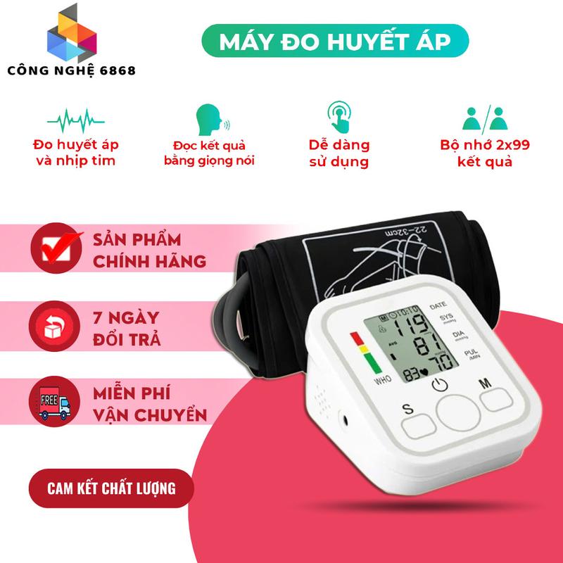 Máy đo huyết áp tại nhà, Máy đo huyết áp nhịp tim có giọng nói tiếng Việt, Máy đo HA bắp tay thông báo đầy đủ chỉ số, Tặng kèm pin AAA