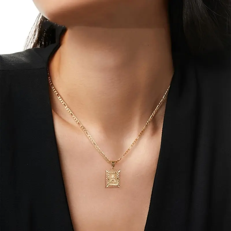 14K Golden Plated Initial Letter Pendant Necklace - A-Z, Unisex Design for Men & Women, Square Alphabet Figaro Chain with Ornate Detailing, Perfect for Casual Attire or Gifting, Jewelry | Polished Finish | Golden Alphabet, Necklace 1