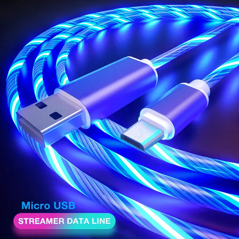 Cáp sạc nhanh USB LED phát sáng, hệ điều hành Android Ios, có màu chảy siêu nhỏ