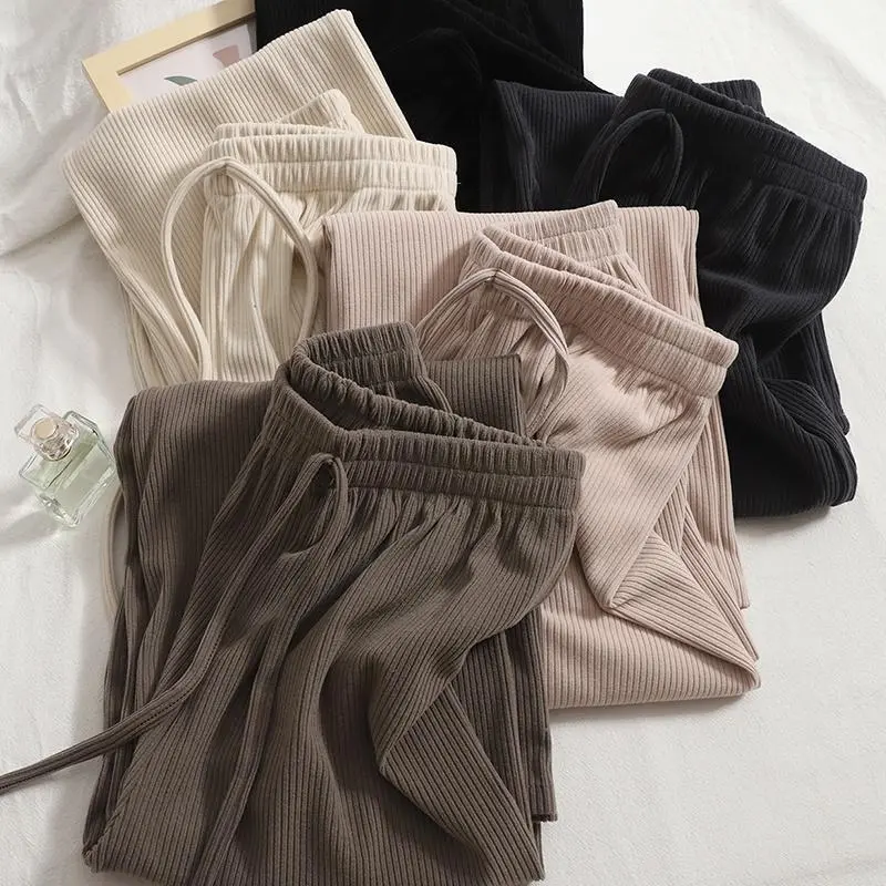 Quần Suông Nữ Dáng Dài Ống Rộng Lưng Cao Thun Gân Tăm Thời Trang 045 Nhung ng Women Pants Đen
