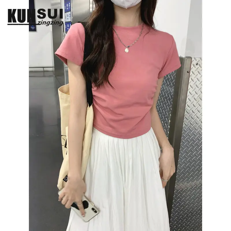 Spot New Short-Sleeved Bottoming Shirt Inner Casual T-shirt Women's Clothing Spring and Summer New Slimming Slim Fit Hot Girl Short Shoulder Top Korean Style Clothes