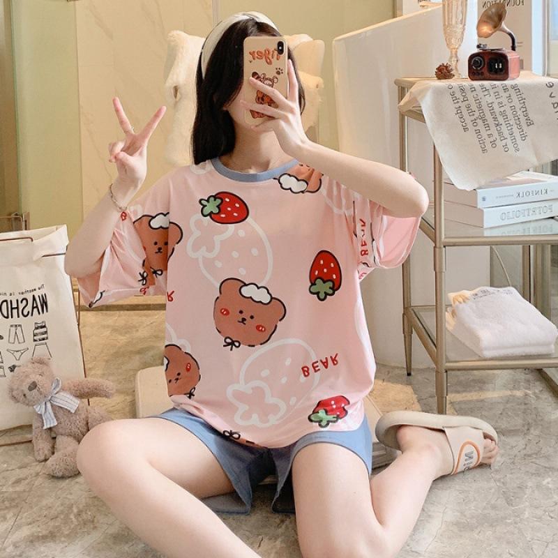 Product Introduction of Bộ Đồ Ngủ Nữ, Phong Cách Mùa Hè, Với Đệm Ngực Tích Hợp, Thiết Kế Hoạt Hình, Làm Bằng Cotton Nguyên Chất, Quần Áo Dễ Thương, Thích Hợp Mặc Nhà, Màu Bạc Nước, ngắn Tay Mỏng, Cổ Tròn Women Top 24