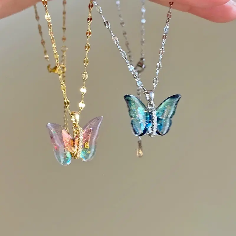 New Colorful Crystal Butterfly Charm Necklace Collarbone Necklace Charm Clavicle Chain for Women Girl Fashion Jewelry Accessories Gift