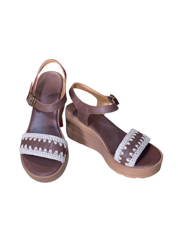 [Màu Nâu-Trắng Xám, form 1.5] G189 Giày Sandal Nữ Da Bò Labag Đế Xuồng Thêu Retro Cao Cấp Thiết Kế Thủ Công Êm Chân Tôn Dáng