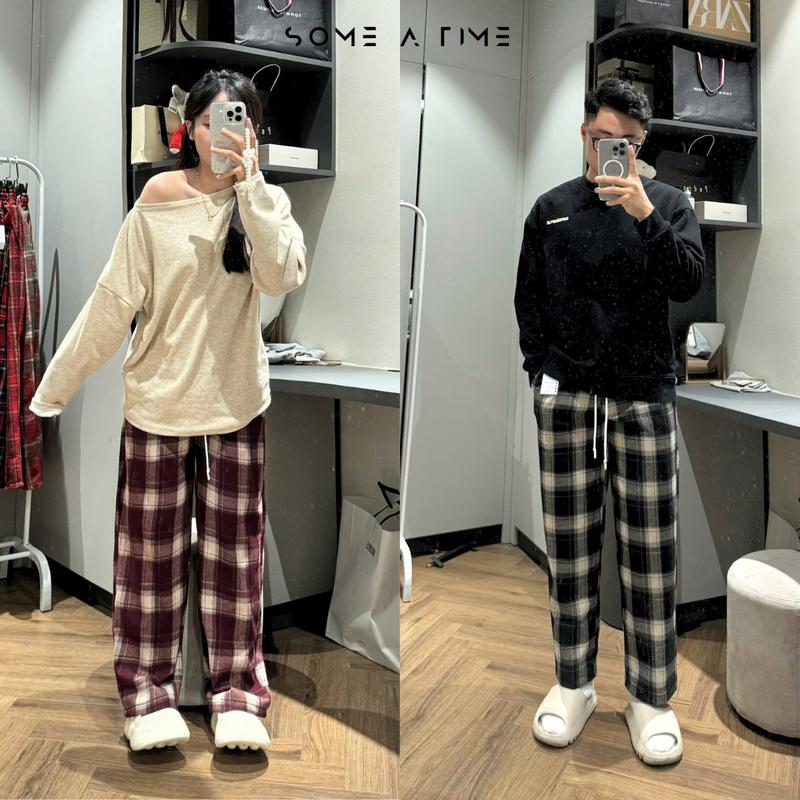 Quần Kẻ Caro Đỏ Chất Dạ Noel Suông Rộng Nữ Và Nam Dày Màu Đen Và Đỏ Chun Co Giãn, Giải Rút Cao Su Pants