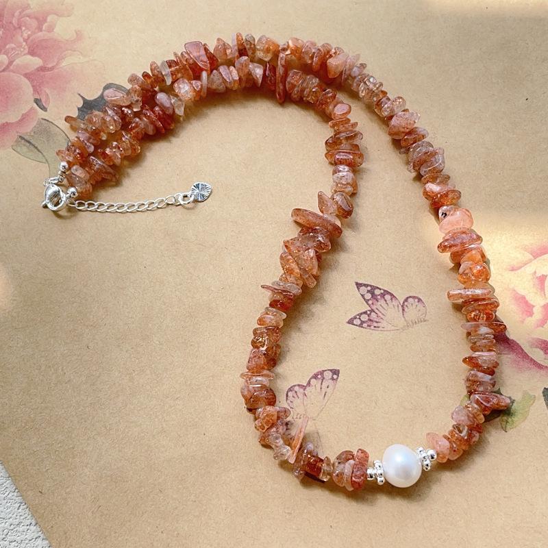Natural crystal jewelry, gravel-shaped gold strawberry crystals, freshwater pearl bracelet, clavicle chain, sweater chain 1