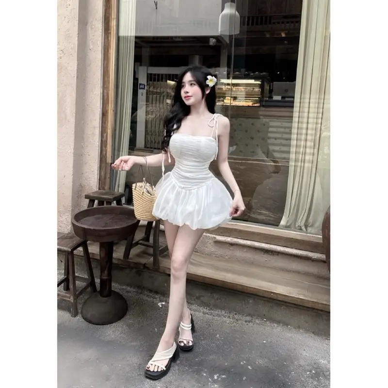 Đầm ren có mút ngực hai dây buộc phối bí von tơ ánh kim hai lớp Nữ Sen Voi ôm người dễ mặc nè các nàng 4