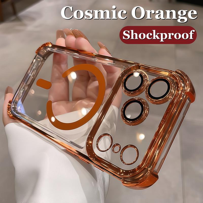 Ốp Điện Thoại Từ Tính Màu Cam Vũ Trụ Mạ 6D Ốp Cứng Trong Suốt Dành Cho iPhone 17 Pro Max 17 Air 13 14 15 16 Pro Max Túi Khí Ốp Chống Sốc