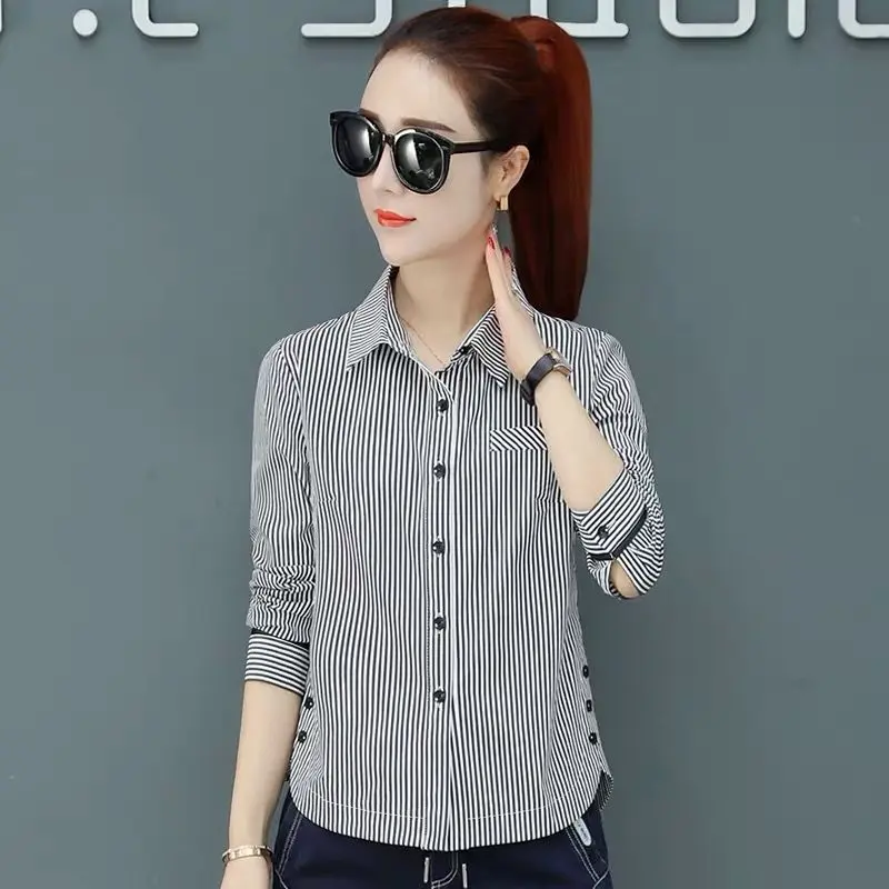 Áo Sơ Mi Sọc, Dáng Ôm, Dài Tay, Phong Cách Hàn Quốc Và Phương Tây, Dành Cho Nữ, Áo Sơ Mi Cơ Sở, Quần Áo Nữ, Hàng Mới Về Mùa Xuân Và Mùa Thu, 2024 5