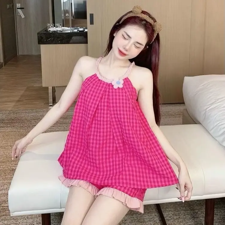 Bộ Ngủ Yếm Gắn Hoa Chất Đũi Cho Nữ, Phong Cách Hàn Quốc Vải Không Nhăn Thoáng Mát Hàng Loại 1 Áo Yếm  Quần Ngủ  Women